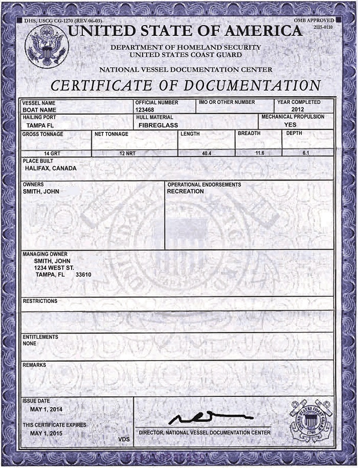 US Coast Guard Certificate of Documentation