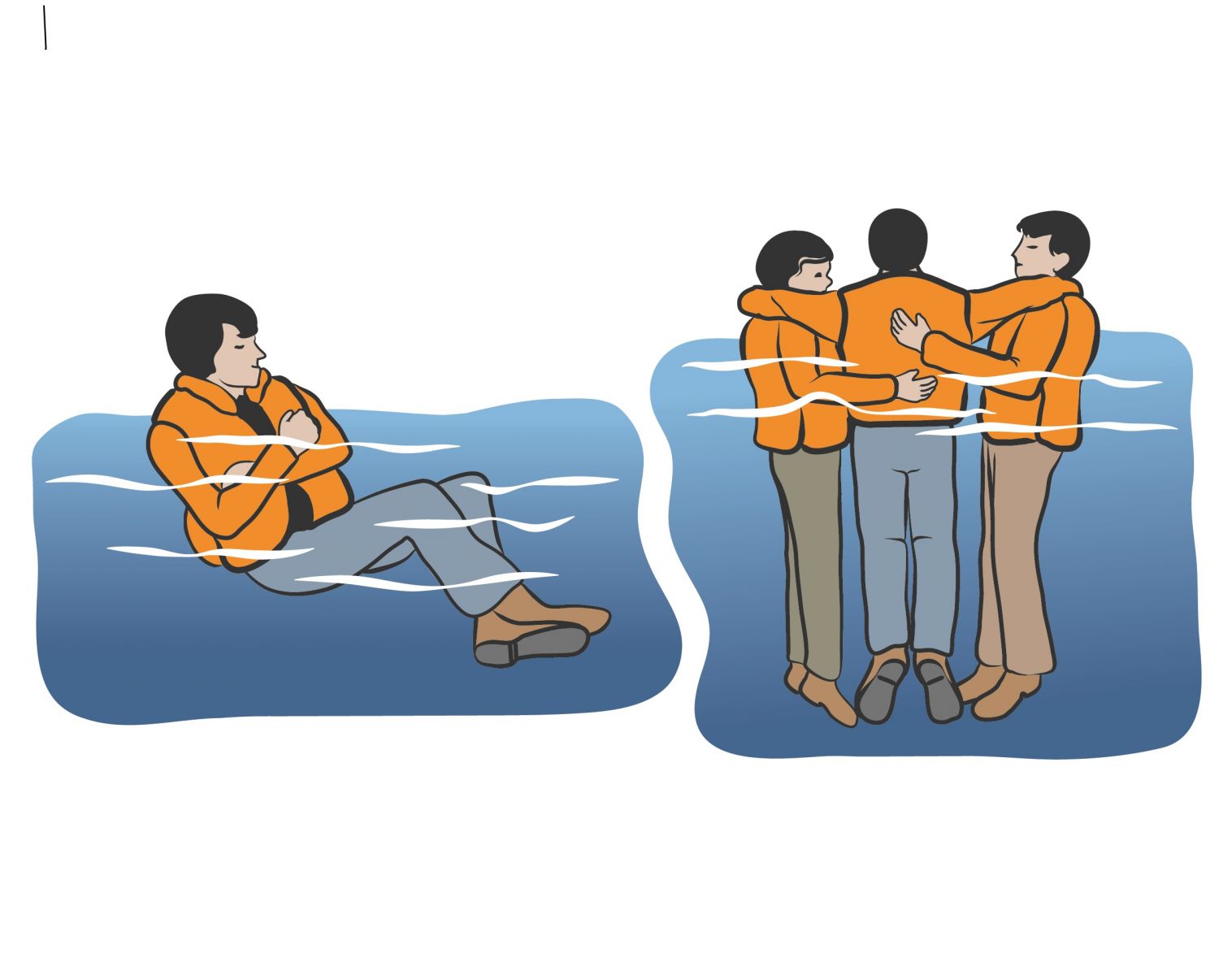 Person in the water in HELP position and another group of persons huddling together