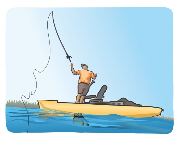 Hombre parado pezcando desde un bote pequeño